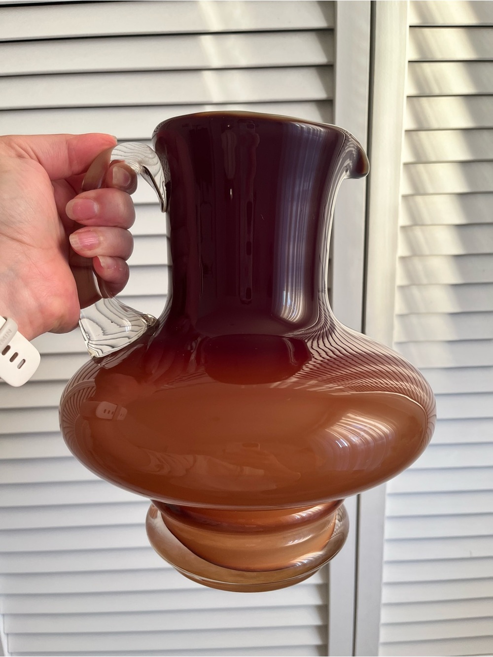 Vintage Amber Hand-Blown Glass Pitcher Vase w/ Clear Handle - 9.5"